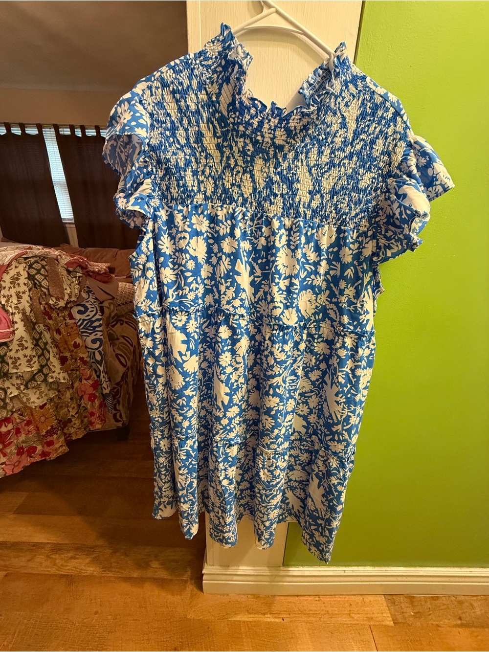 ODDY Blue and White Floral Smocked Midi Dress